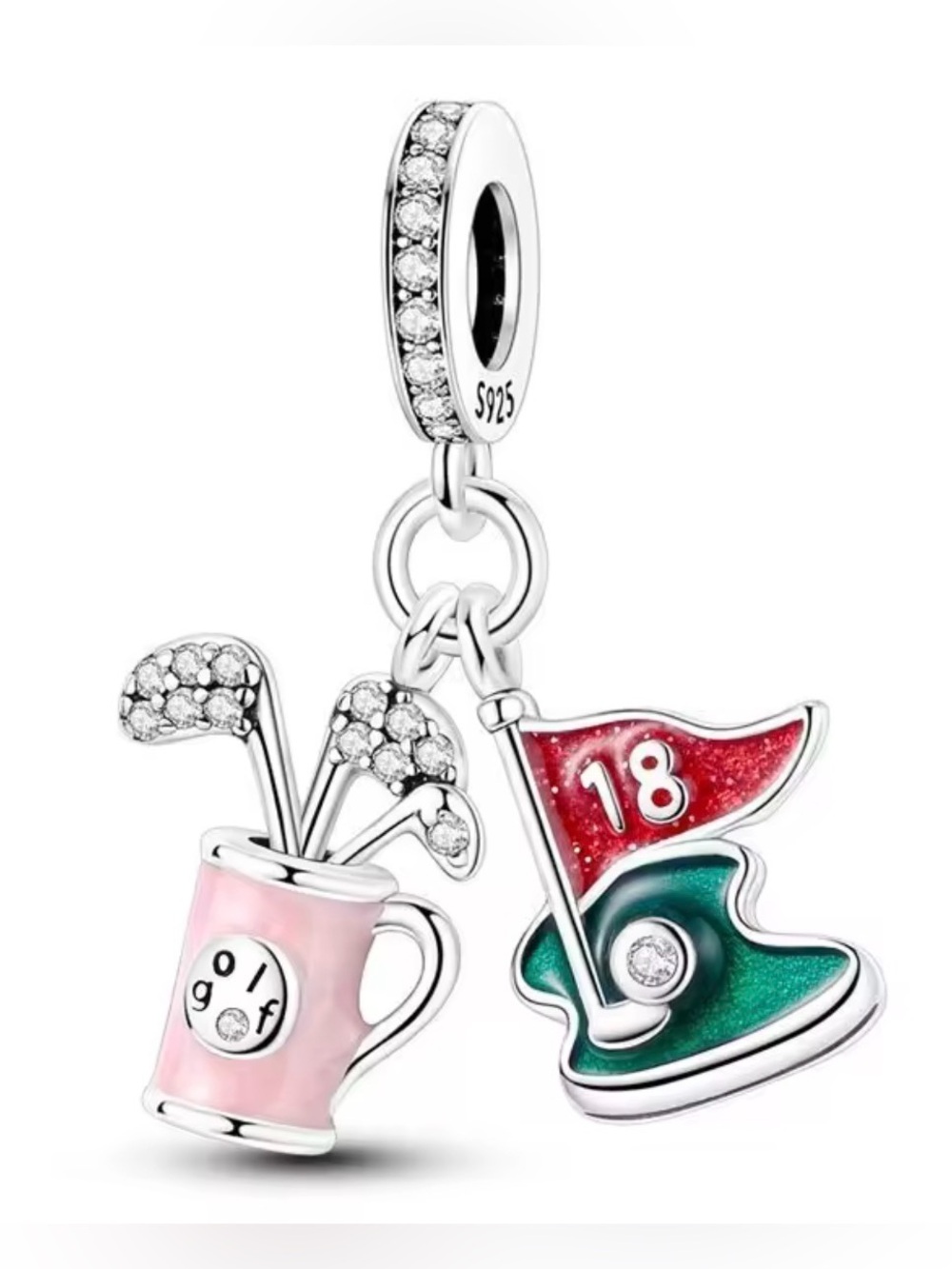 Silver, Pink & Sparkle Golf Clubs, Golf Bag & 18 Flag Dangle Charm